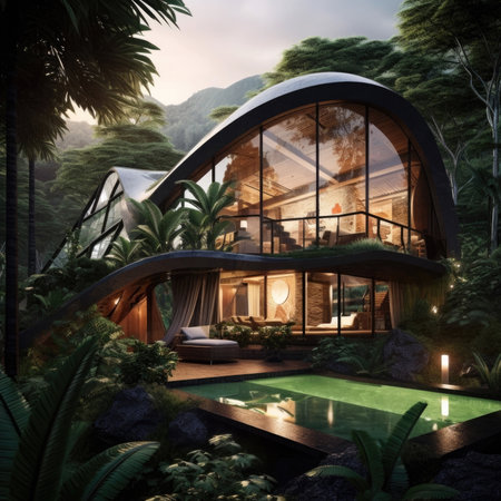 Futuristic mansion built in the rainforest among, the mountainsの素材