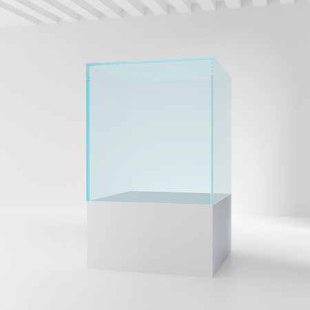 Realistic glass square showcase. Empty glass box in room. 3d illustrationの写真素材