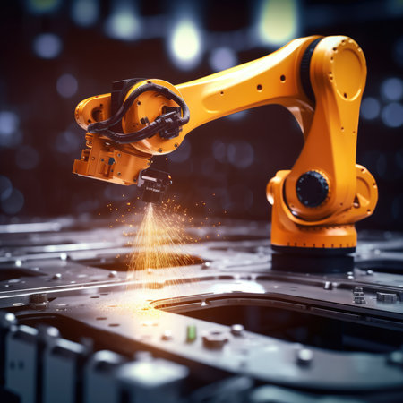 Industrial welding robots in the production line of a manufacturers plant. Generative AIの素材
