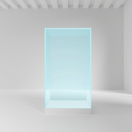 Empty glass showcase in cube shape for presentation on whiteの写真素材