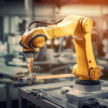 Modern high tech authentic robot arm holding a modern supercomputer processor. Industrial robotic arm End effector holding processor chip. Generative AIの素材