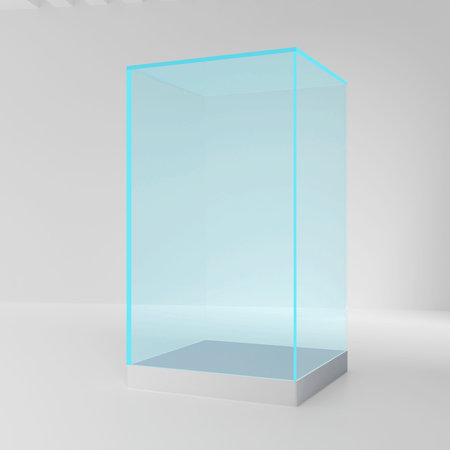 Realistic glass square showcase. Empty glass box in room. 3d illustrationの写真素材