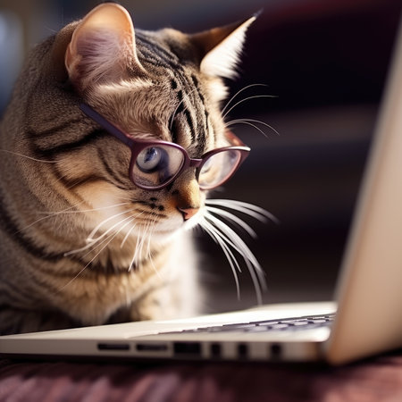 Cat in glasses works at a table on a computer indoorsの素材