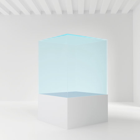 Glass showcase in the shape of a cube for presentationの写真素材