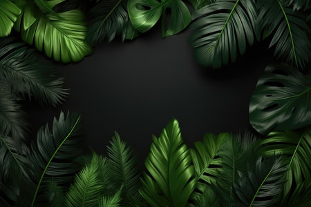 Background with exotic tropical plants in modern style. Trendy design of colorful jungle background. Natural textile trendy wallpaper print. AI Generationの素材