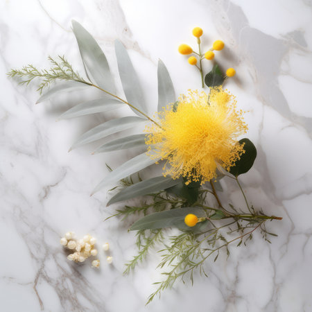 Luxurious Flowers and leaves on white marble. Wedding card decorationの素材