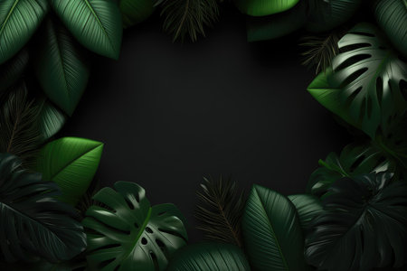 Background with exotic tropical plants in modern style. Trendy design of colorful jungle background. Natural textile trendy wallpaper print. AI Generationの素材