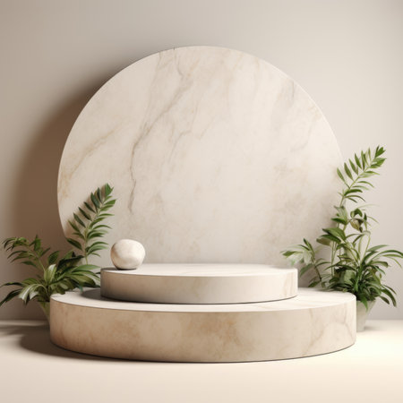 White stone podium, Cosmetic display stand on marble background.の素材