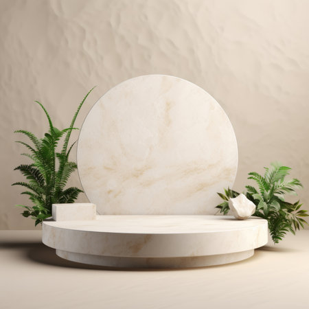 Stone podium display. Round beige background. Cosmetics, beauty products promotion mockup. Natural rough gray rock. Flying pedestal.の素材