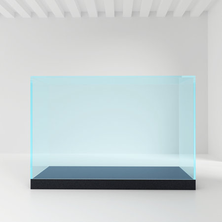 Empty glass showcase in cube shape for presentation on whiteの写真素材