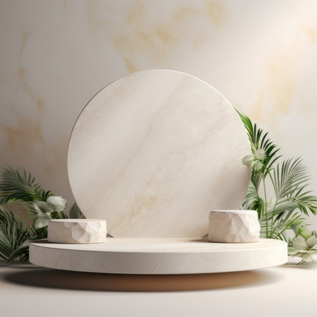 White stone podium, Cosmetic display stand on marble background.の素材