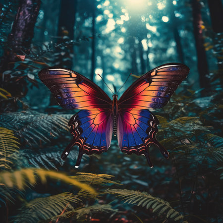 Magical glowing night butterflies in the forest. AI Generationの素材