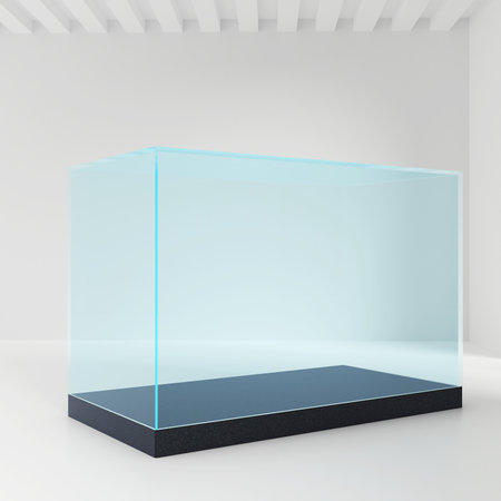 Realistic glass square showcase. Empty glass box in room. 3d illustrationの写真素材