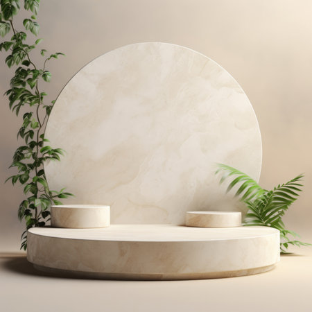 Stone podium, cosmetic display stand with plant on brown background.の素材