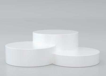 Abstract white 3D studio with realistic white cylinder pedestal podium set and shadow overlay. Minimal scene for product display presentation. Stage for showcaseの写真素材
