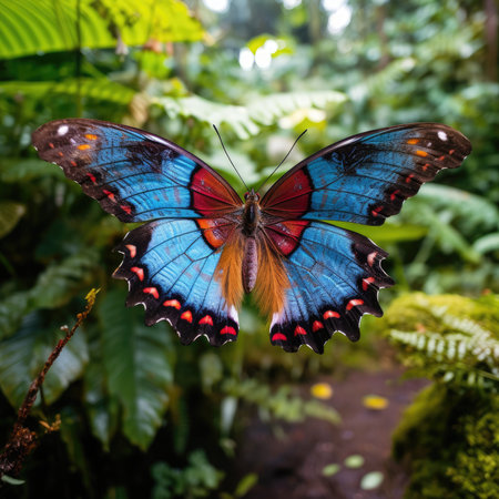 A beautiful butterfly in a dense tropical forest. AI Generationの素材