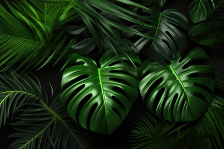 closeup nature view of green leaf and palms background. Flat lay, dark nature concept, tropical leaf. AI Generation.の素材