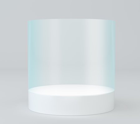 Glass cylinder with white showcase podium. Design template for mockapの写真素材