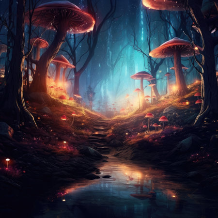 Fantasy fairy tale forest landscape, misty on spring timeの素材