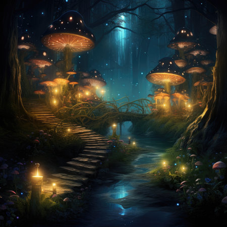 Mystical fly agarics glow in a mysterious dark forest. Fairytale background.の素材