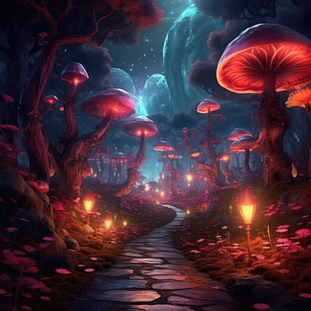 Mystical fly agarics glow in a mysterious dark forest. Fairytale background.の素材