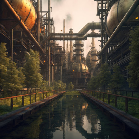 Oil and Gas Industrial zone in forest. The equipment of oil refining,Close-up of industrial pipelines of an oil-refinery plant,Detail of oil pipeline with valves in large oil refineryの素材
