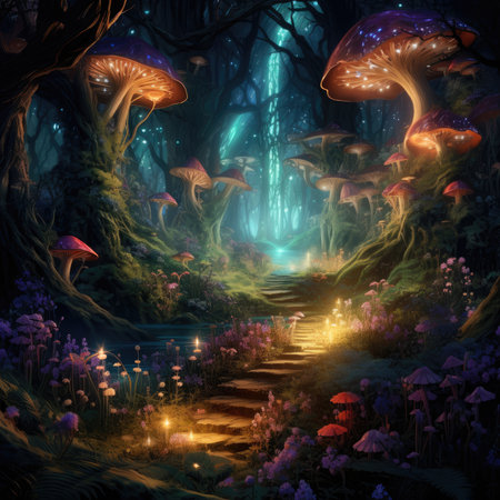 Mystical fly agarics glow in a mysterious dark forest. Fairytale background.の素材