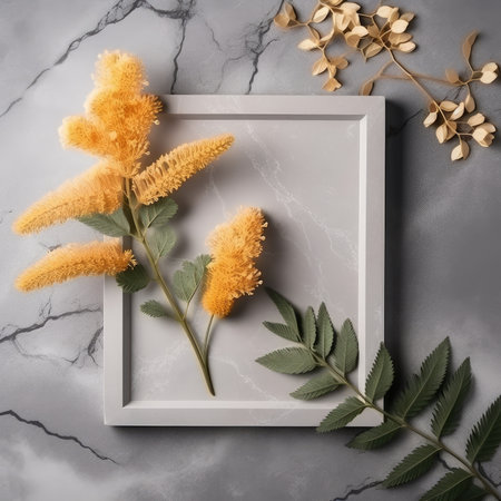 Flowers and leaves on marble background. Frame made of eucalyptus branches. Flat lay, top viewの素材