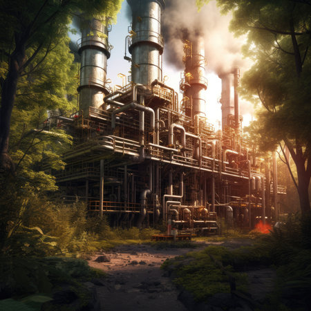 Oil and Gas Industrial zone in forest. The equipment of oil refining,Close-up of industrial pipelines of an oil-refinery plant,Detail of oil pipeline with valves in large oil refineryの素材