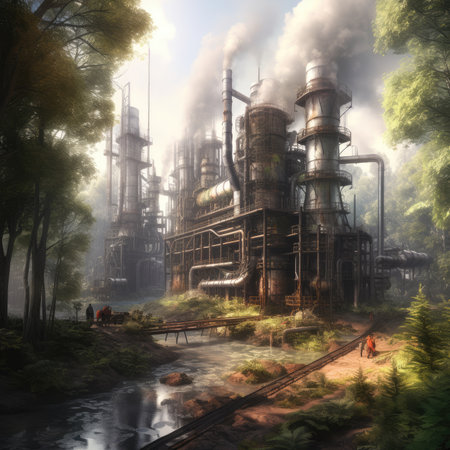 Oil and Gas Industrial zone in forest. The equipment of oil refining,Close-up of industrial pipelines of an oil-refinery plant,Detail of oil pipeline with valves in large oil refineryの素材