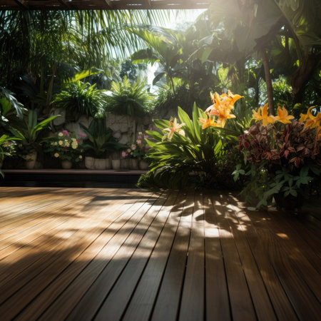 Exterior with hardwood floor decor. Contemporary garden.の素材
