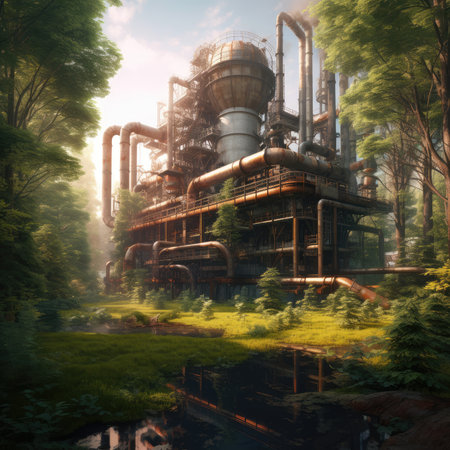 Oil and Gas Industrial zone in forest. The equipment of oil refining,Close-up of industrial pipelines of an oil-refinery plant,Detail of oil pipeline with valves in large oil refineryの素材