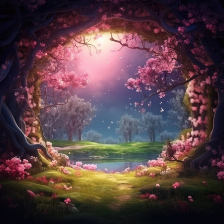 A beautiful secret fairytale garden with flower arch and colorful greeneryの素材