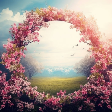 A beautiful fairytale garden with flower arch and colorful greeneryの素材