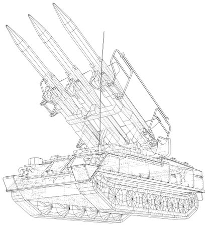 Rocket missile launcher vehicle truck ballistic weapon equipment illustration. Vector created of 3dのイラスト素材