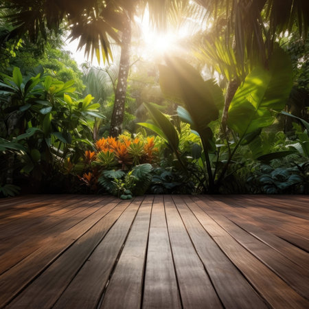 Wooden floor with nature green landscape background, copy spaceの素材