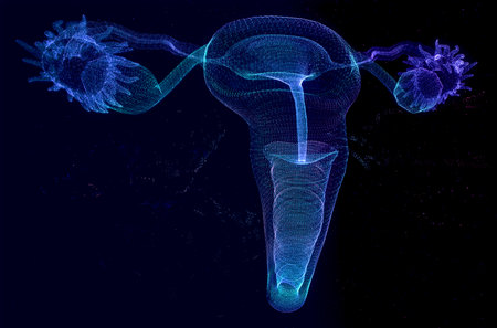 Human Organ Uterus and Ovaries Female Reproductive. Polygonal Low Poly Backgroundの写真素材