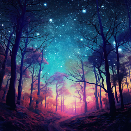 Fantasy and fairytale magical forest with purple and cyan light lighting pathway. Digital painting landscape.の素材