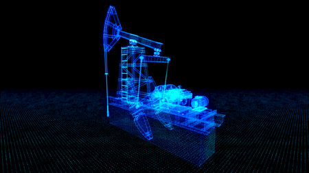 Oil pump jack under. Oil rig energy industrial machine for petroleum. Blue lines form Oil pump jack.の写真素材