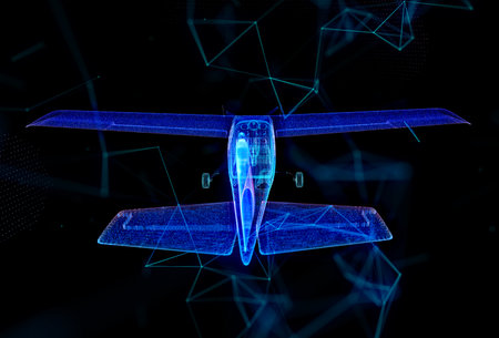 Travel plane on blue dark background. Airplane digital with line,dot. future air transport conceptの写真素材