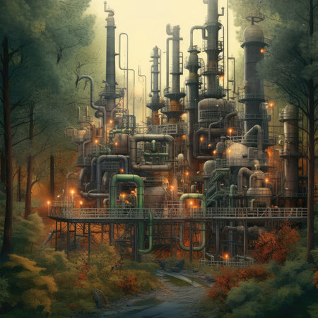 Oil and Gas Industrial zone in forest. The equipment of oil refining,Close-up of industrial pipelines of an oil-refinery plant,Detail of oil pipeline with valves in large oil refineryの素材