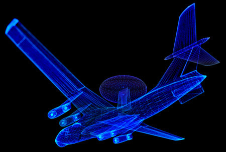 AWACS jet airplane. Glowing neon particles and blue lights formation of 3d model airplaneの写真素材