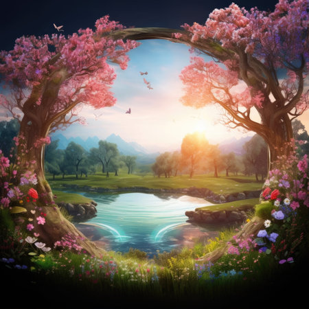 A beautiful fairytale garden with flower arch and colorful greenery. Digital Painting Backgroundの素材