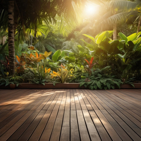 Wooden floor with nature green landscape background, copy spaceの素材