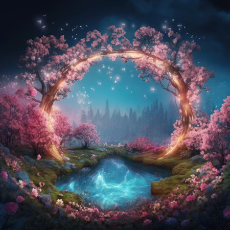 Spectacular archway covered with flower in the middle of fantasy fairy tale forest landscapeの素材