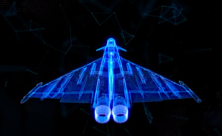 Military Jet from 3d polygonal line. Virtual Air plane from dots and lines and connected to 3d formの写真素材