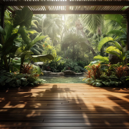 Empty wood floor of out garden background. Empty wooden floor space for text marketing promotion. Blank wood floor copy space for backgroundの素材