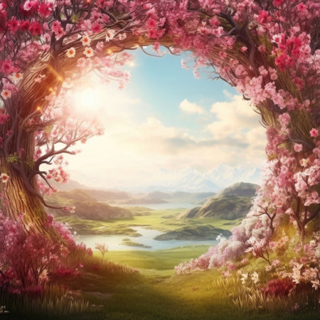 Beautiful arch of flowers. Magic portal in fairy landscape.の素材