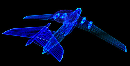Military force air flying airplane. Glowing neon particles and blue lights formation of 3d model airplaneの写真素材