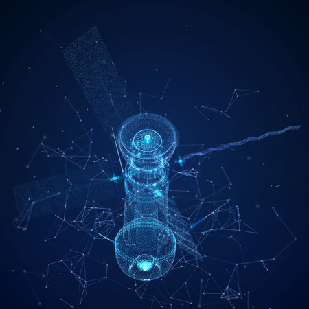 Satellite from lines and glow dots, connecting network point on a blue background. Space satellite monitoringの写真素材